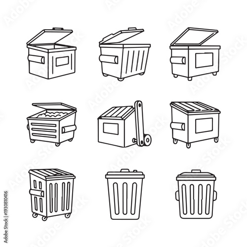 Collection of various dumpster and trash can line art icons open and closed on white background