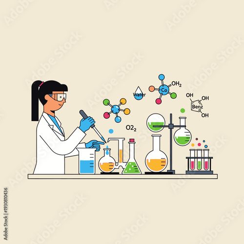 Scientist Conducting Chemical Experiment with Molecules and Beakers in Laboratory