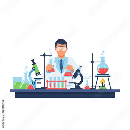 Scientist Conducting Chemical Experiment in Laboratory with Microscopes and Beakers