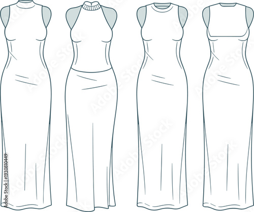 Four Long Sleeve Dresses with Different Necklines and Sleeves in Light Blue and White