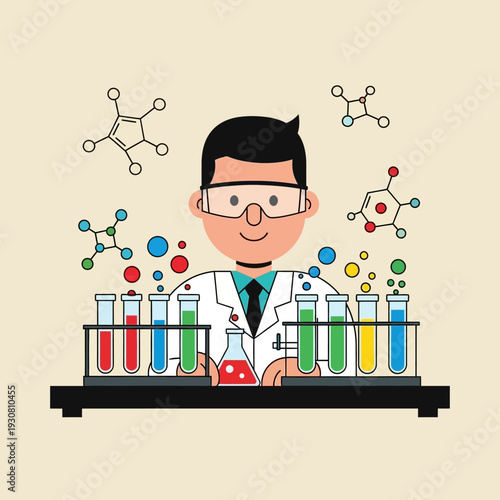 Scientist Conducting Chemical Experiment with Test Tubes and Molecules