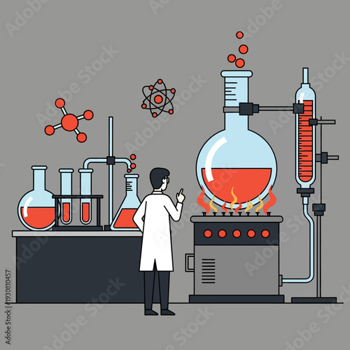 Scientist conducting experiment in laboratory with bubbling flasks and atomic models