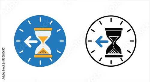 Time Management Hourglass Icon with Left Arrow in Color and Outline Style for Deadline Reminder and Schedule Control Vector