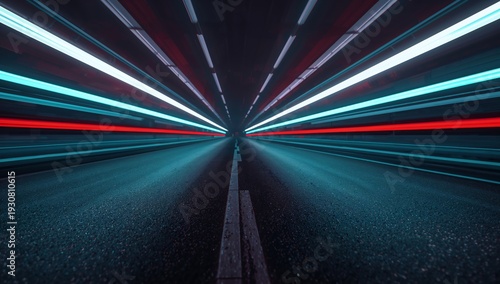 Long Exposure of Light Trails in a Tunnel at Night Showing Vibrant Colors and...