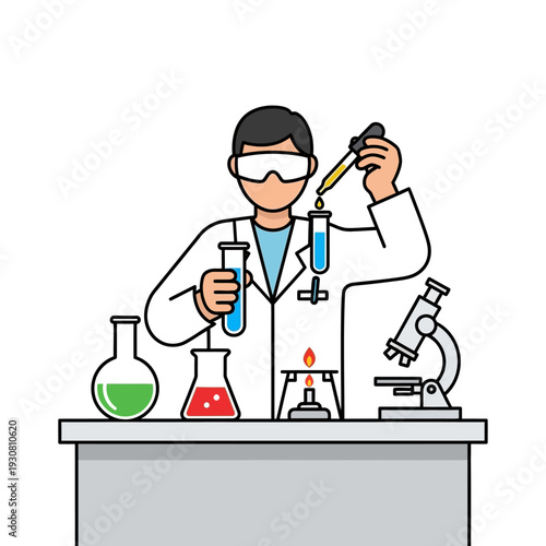Scientist conducting experiment with test tubes, beaker, flask, and microscope on lab table