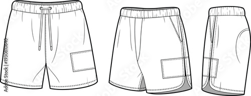 Three Different Styles of White Shorts with Drawstrings and Pockets Illustrated in Line three views