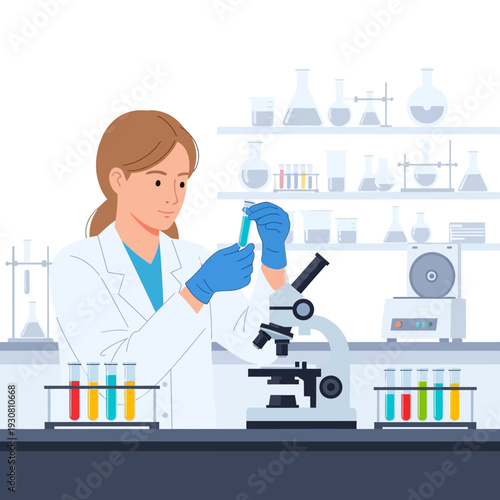 Scientist examines liquid in test tube near microscope and lab equipment