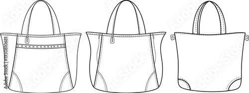 Three Different Styles of Handbags with Handles and Straps Illustrated in Black and White Line tote bag