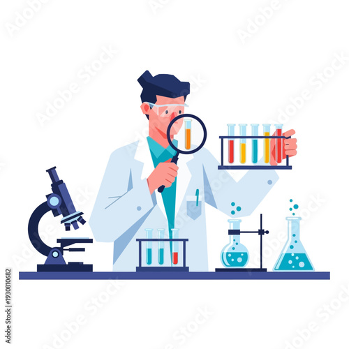 Scientist examining colorful liquids in test tubes with microscope and lab equipment