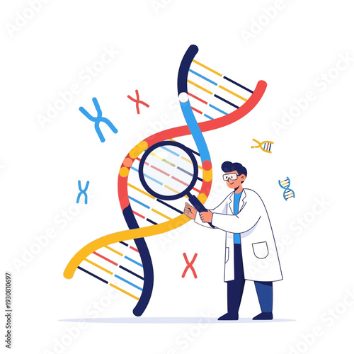 Scientist examining DNA helix with magnifying glass, genetic research concept