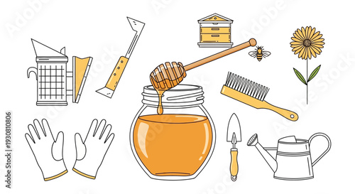 Various beekeeping and gardening tools surrounding a honey jar with dipper, bees, and a sunflower, on an isolated white background.