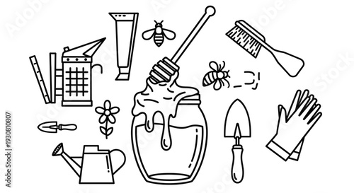 Collection of beekeeping and gardening equipment with a jar of golden honey and bees, on an isolated white background.