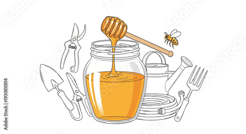 Golden honey in a jar with dipper, surrounded by bees and essential gardening tools, on an isolated white background.