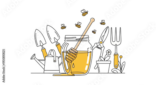 Jar of honey with honey dipper surrounded by bees and gardening tools, on an isolated white background.