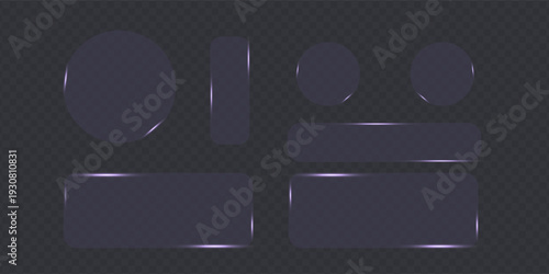 Light frame liquid glass button set for mobile and web app, tech board frame in futuristic style. Purple HUD interface, vector illustration. Light glass png banner collection with glow effect.