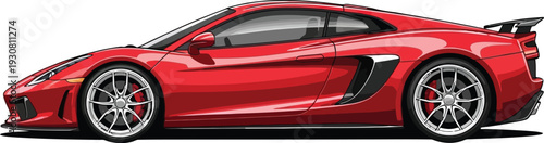 Sleek low profile red sports car illustration with sharp aerodynamic lines aggressive front fascia sculpted side vents and a prominent rear spoiler showcased in a dynamic side