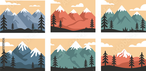 Six colorful mountain landscapes with snow-capped peaks and evergreen trees under a light blue sky with clouds