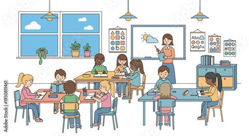 A diverse group of young students actively engaged in learning activities within a bright, well-equipped classroom setting, guided by a teacher.