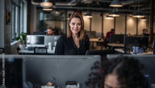 Businesswoman Smiles While Working at a Modern Office in Late Afternoon