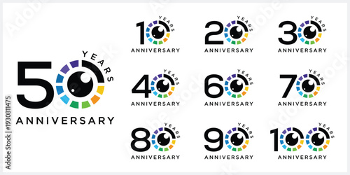 Collection of anniversary 10 to 100 logo design. Celebration day camera lens eye focus vector symbol icon concept