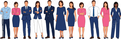 Diverse business team vector illustration, professional corporate men and women standing in formal office attire isolated on white background