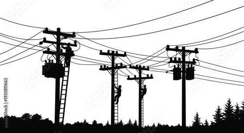 Electric power line maintenance vector illustration, silhouette of utility workers climbing telephone poles repairing overhead cables isolated on white background