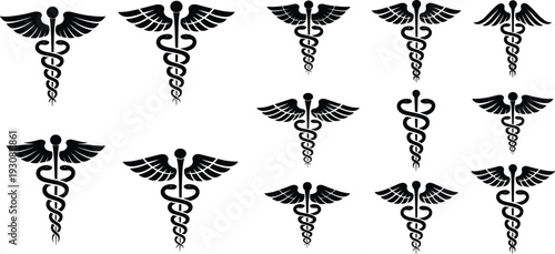 Twelve black caduceus symbols with wings and intertwined snakes on a white background