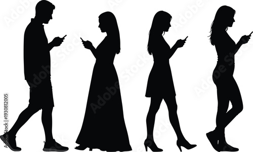Silhouette of people walking while using smartphones, social media addiction concept, digital communication and modern lifestyle illustration