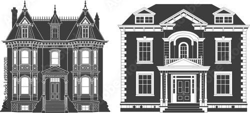 Two distinct large houses with intricate architectural details in black and white line style architecture