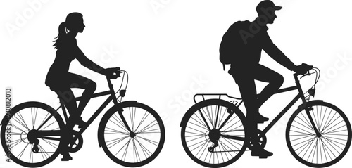 Two silhouetted people riding bicycles with backpacks on a white background silhouettes cycling