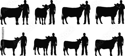 Farmer with cow silhouette set vector illustration, livestock handler and cattle collection, black and white agricultural farming concept design