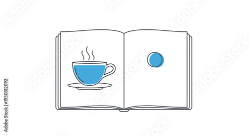 Open book with coffee cup illustration.