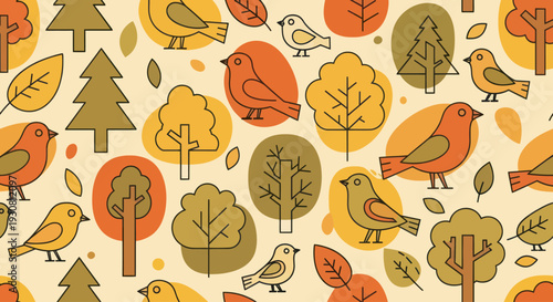 Colorful Illustration of Birds and Trees.