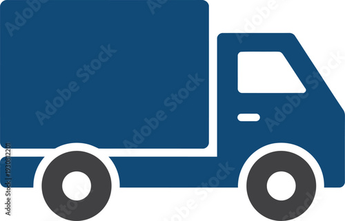 A blue delivery truck with a simple design driving on the road from the side view