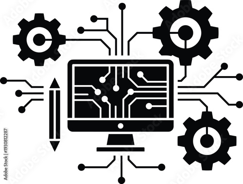 Software development and system integration concept, computer monitor with circuit connections and gears technology vector illustration isolated