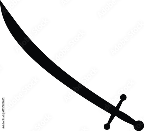 Curved sword silhouette icon, medieval saber weapon isolated on white background minimalist black vector illustration for warrior logo design