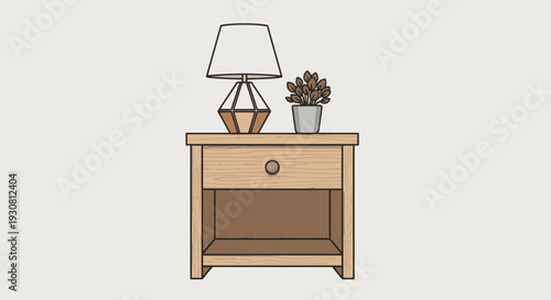 Wooden Bedside Table with Lamp and Plant.