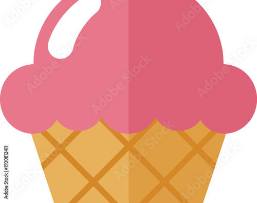A close-up vector illustration of an ice cream cone with pink ice cream in a waffle cone