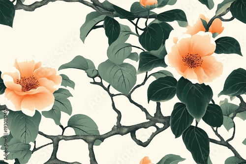 Floral pattern with peach and green flowers, leaves, and vines on a cream background. Hand-drawn vector illustration of a retro floral print for textile design, wallpaper, and other graphic designs.