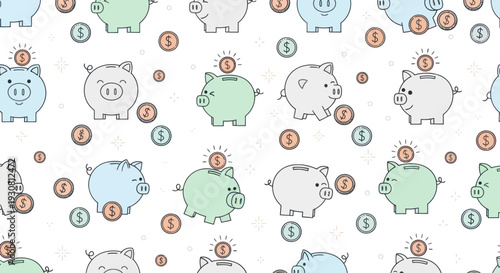 Piggy Banks and Coins Pattern Illustration.