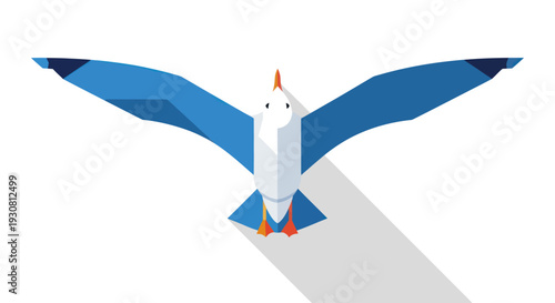 White Seagull Flying with Blue Wings.