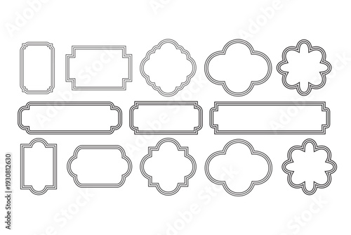 Set of blank vintage border frames, label badges, and decorative outline shapes vector collection.