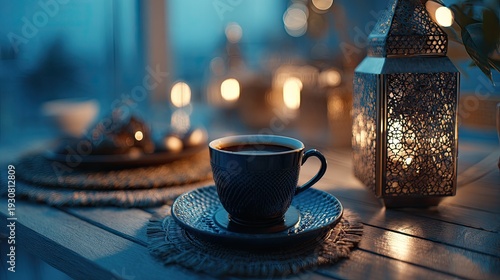 Coffee cup with ramadan lantern lights
