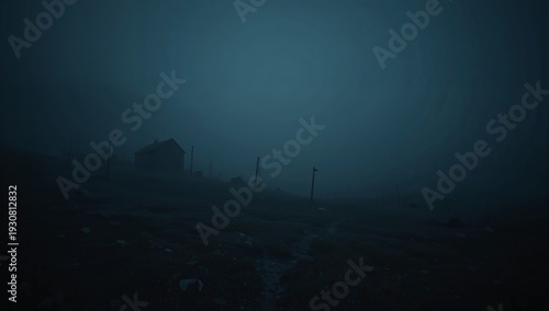 Fog Covers Empty Landscape With Dark Buildings and Scattered Poles in the Dis...