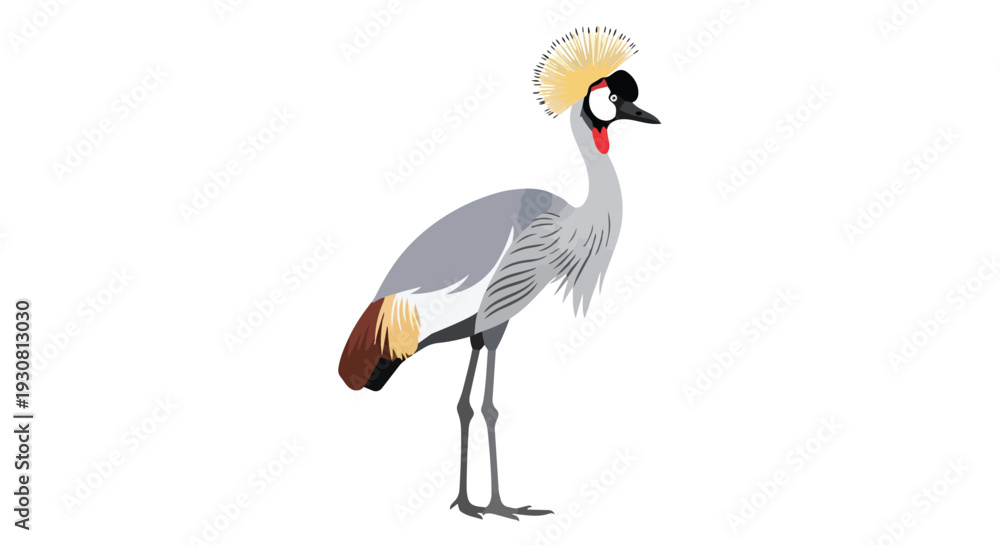 Naklejka premium Exquisite Grey Crowned Crane with Distinctive Golden Crest Standing Tall Against a Pure White Backdrop