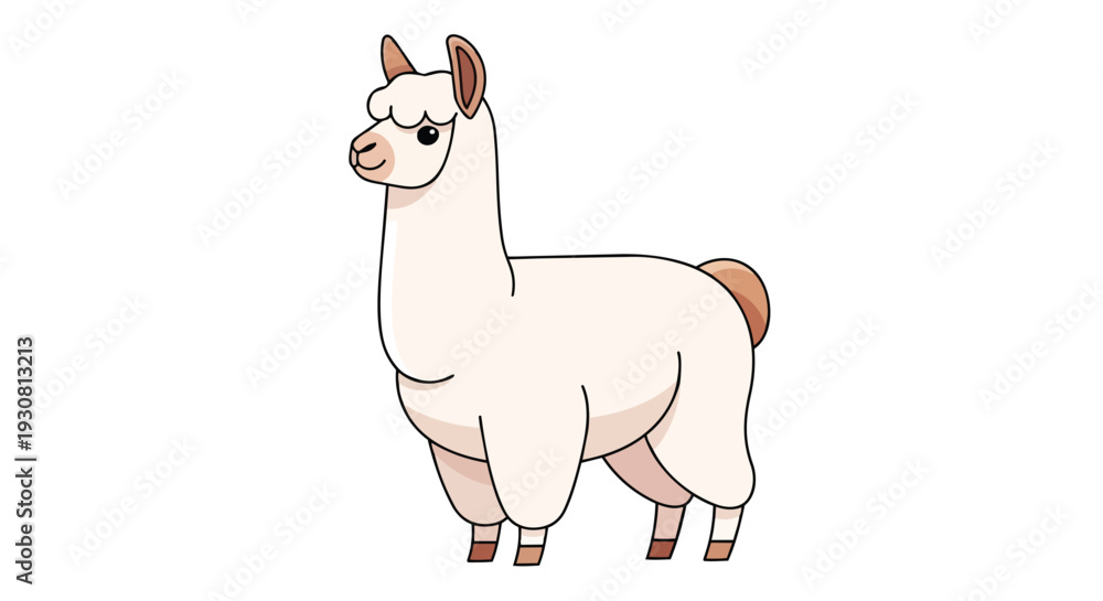 Obraz premium Charming Cartoon Llama with Fluffy Wool and Gentle Smile Standing Against a White Background