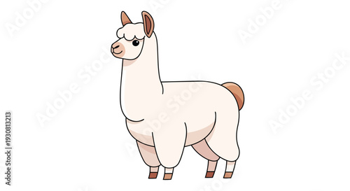 Charming Cartoon Llama with Fluffy Wool and Gentle Smile Standing Against a White Background