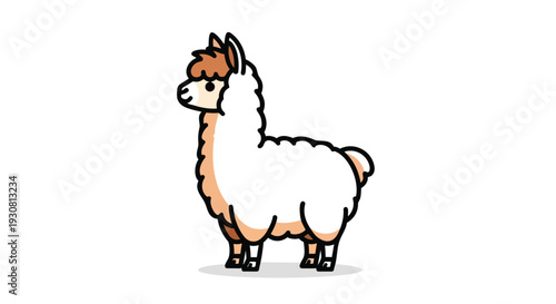 A charming minimalist illustration of a fluffy llama standing against a stark white background with a friendly expression