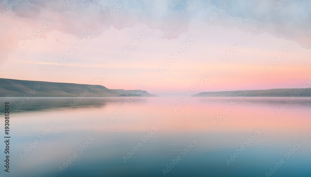 Fototapeta premium Serene lake reflecting pastel sky at sunrise with distant misty hills.