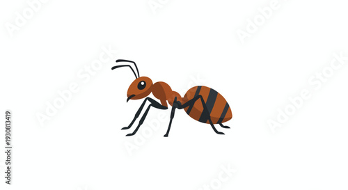 Minimalist illustration of an orange and black striped ant with antennae and legs depicted against a plain white background